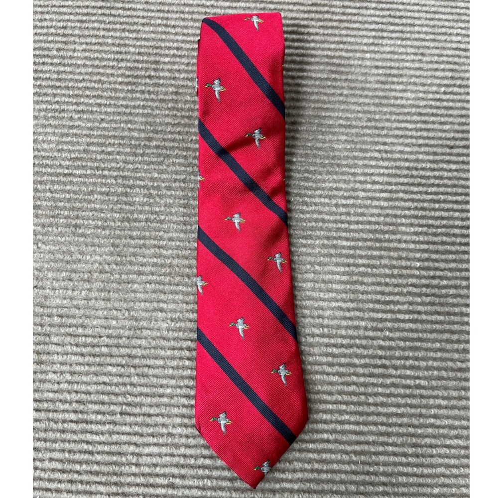 Lands End Mens Silk Tie Red Navy Blue‎ Striped Mallard Duck Hunting Handmade USA